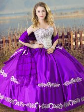 Floor Length Purple Quinceanera Dresses Satin Sleeveless Beading and Embroidery
