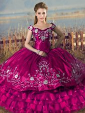 Classical Off The Shoulder Sleeveless Quinceanera Dress Floor Length Embroidery and Ruffled Layers Fuchsia Satin and Organza