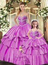 Sweet Lilac Ball Gowns Taffeta Sweetheart Sleeveless Beading and Ruffled Layers Floor Length Lace Up Sweet 16 Dress