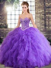 Lavender Lace Up Sweetheart Beading and Ruffles Quince Ball Gowns Tulle Sleeveless