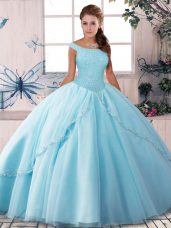 Brush Train Ball Gowns Sweet 16 Dress Light Blue Off The Shoulder Tulle Sleeveless Lace Up