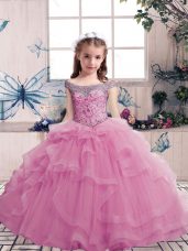 Lilac Ball Gowns Tulle Scoop Sleeveless Beading Floor Length Lace Up Pageant Dresses