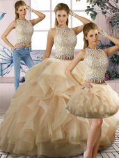 Champagne Two Pieces Scoop Sleeveless Tulle Floor Length Zipper Beading and Ruffles Quinceanera Dresses