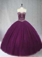 Dark Purple Ball Gowns Sweetheart Sleeveless Tulle Floor Length Lace Up Beading Quince Ball Gowns