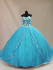 High Class Lace Up Sweet 16 Quinceanera Dress Aqua Blue for Sweet 16 and Quinceanera with Beading Court Train