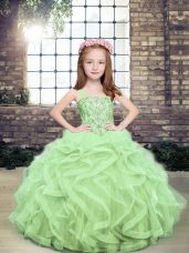 Sleeveless Tulle Floor Length Lace Up Little Girl Pageant Dress in Yellow Green with Beading and Ruffles