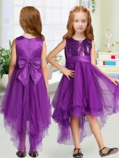 Popular Purple Zipper Scoop Sequins and Bowknot Flower Girl Dresses Organza Sleeveless