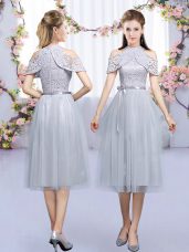 Stunning Grey Empire Tulle High-neck Sleeveless Lace and Belt Tea Length Zipper Wedding Guest Dresses