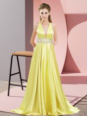 Yellow Elastic Woven Satin Backless V-neck Sleeveless Prom Gown Brush Train Beading