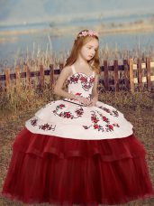 Gorgeous Red Ball Gowns Straps Sleeveless Tulle Floor Length Lace Up Embroidery Child Pageant Dress