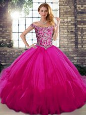 Attractive Fuchsia Quince Ball Gowns Military Ball and Sweet 16 and Quinceanera with Beading and Ruffles Off The Shoulder Sleeveless Lace Up