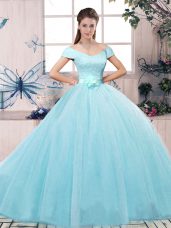 Edgy Aqua Blue Off The Shoulder Lace Up Lace and Hand Made Flower Quinceanera Dress Short Sleeves