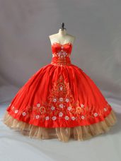 Embroidery Quinceanera Gown Red Lace Up Sleeveless Floor Length