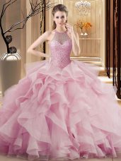 Colorful Halter Top Sleeveless Organza Quinceanera Gown Beading and Ruffles Sweep Train Lace Up