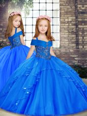 Straps Sleeveless Child Pageant Dress Floor Length Beading Blue Tulle