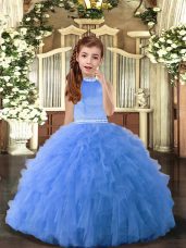 Cute Blue Backless Little Girls Pageant Dress Beading Sleeveless Floor Length