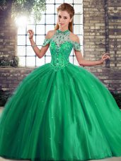 Charming Green Sleeveless Brush Train Beading 15 Quinceanera Dress