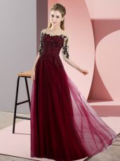 Custom Design Beading and Lace Dama Dress for Quinceanera Burgundy Lace Up Half Sleeves Floor Length