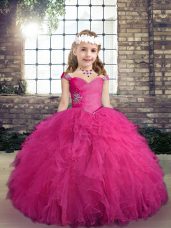 Charming Fuchsia Ball Gowns Tulle Straps Sleeveless Beading and Ruffles Floor Length Lace Up Little Girls Pageant Gowns