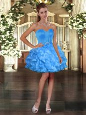 Blue Organza Lace Up Sweetheart Sleeveless Mini Length Pageant Dress for Girls Ruffles