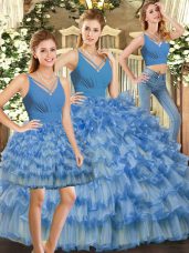 Blue Three Pieces Ruffles and Ruffled Layers Quinceanera Dresses Backless Organza Sleeveless Floor Length