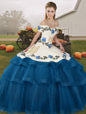 Blue Tulle Lace Up Quinceanera Dresses Sleeveless Brush Train Embroidery and Ruffled Layers