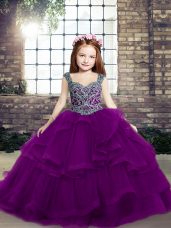 Superior Straps Sleeveless Winning Pageant Gowns Floor Length Beading Purple Tulle