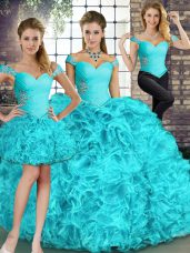 Elegant Aqua Blue Organza Lace Up Sweet 16 Quinceanera Dress Sleeveless Floor Length Beading and Ruffles