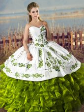 Olive Green Sleeveless Floor Length Embroidery and Ruffles Lace Up Quinceanera Gowns