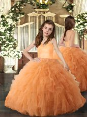 Excellent Floor Length Orange Pageant Dress for Teens Tulle Sleeveless Ruffles