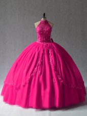 Elegant Fuchsia Lace Up Halter Top Appliques Sweet 16 Dresses Tulle Sleeveless