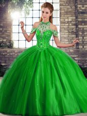 Exquisite Green Quinceanera Gowns Military Ball and Sweet 16 and Quinceanera with Beading Halter Top Sleeveless Brush Train Lace Up