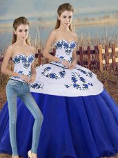 Dazzling Royal Blue Two Pieces Embroidery and Bowknot 15 Quinceanera Dress Lace Up Tulle Sleeveless Floor Length