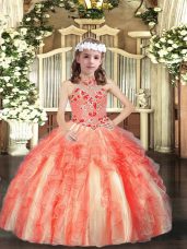 Orange Red Halter Top Lace Up Appliques and Ruffles Pageant Gowns For Girls Sleeveless