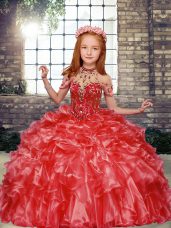 Organza High-neck Sleeveless Lace Up Beading and Ruffles Child Pageant Dress in Red