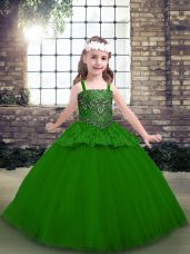 Green Ball Gowns Straps Sleeveless Tulle Floor Length Lace Up Beading Girls Pageant Dresses