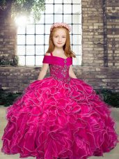 Low Price Ball Gowns Pageant Dress Fuchsia Straps Organza Sleeveless Floor Length Lace Up
