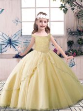 Off The Shoulder Sleeveless Little Girl Pageant Gowns Floor Length Beading Champagne Tulle