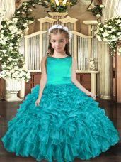 Aqua Blue Lace Up Scoop Ruffles Little Girl Pageant Gowns Organza Sleeveless