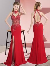 Red Backless Halter Top Lace and Appliques Prom Gown Chiffon Sleeveless