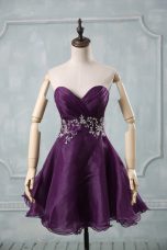 Purple A-line Sweetheart Sleeveless Organza Mini Length Lace Up Appliques and Ruching