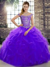 Latest Purple Tulle Lace Up Off The Shoulder Sleeveless Sweet 16 Dresses Brush Train Beading and Ruffles