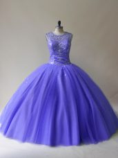 Designer Floor Length Purple Sweet 16 Dresses Tulle Sleeveless Beading
