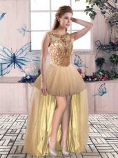Excellent High Low Gold Prom Party Dress Scoop Sleeveless Lace Up
