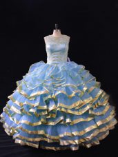 Blue Ball Gowns Scoop Sleeveless Organza Floor Length Lace Up Ruffled Layers 15 Quinceanera Dress