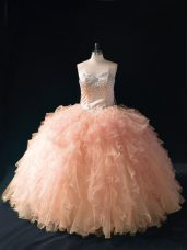 Peach Sweetheart Neckline Beading and Ruffles Quince Ball Gowns Sleeveless Lace Up