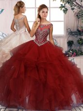 Luxury Burgundy 15th Birthday Dress Military Ball and Sweet 16 and Quinceanera with Beading and Ruffles Scoop Sleeveless Zipper