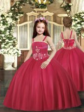 New Style Ball Gowns Kids Formal Wear Red Straps Tulle Sleeveless Floor Length Lace Up