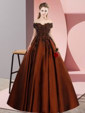 Brown A-line Off The Shoulder Sleeveless Satin Floor Length Zipper Lace and Appliques Quinceanera Gown