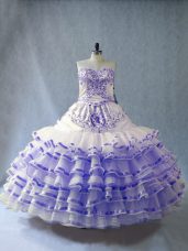 Romantic Lavender Ball Gowns Organza Sweetheart Sleeveless Embroidery and Ruffled Layers Floor Length Lace Up Sweet 16 Dresses